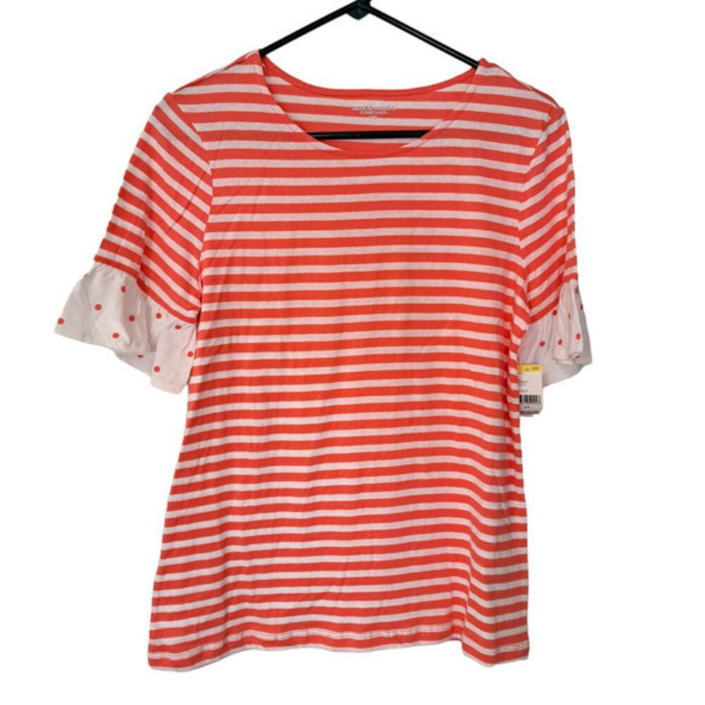 Laura Scott Tunic‎ Elbow Ruffle Sleeve Tee Calypso Coral Striped 100% Cotton